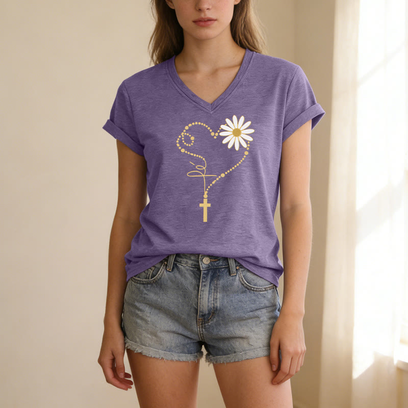 Christianartworkshop Golden Dot Heart Cross Daisy Casual V-neck T-shirt - image 19
