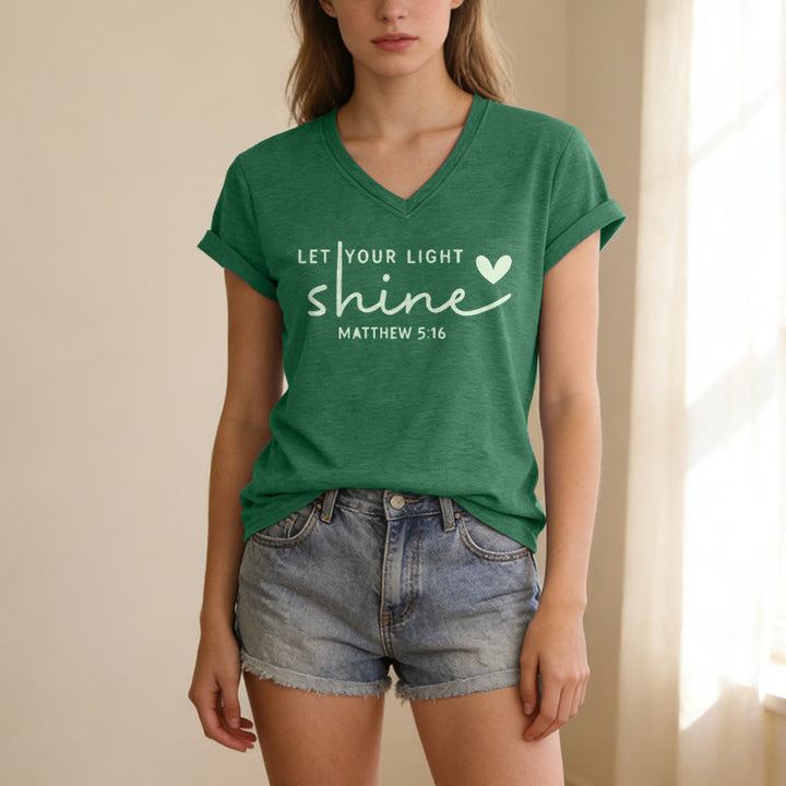 Christianartworkshop Let Your Light Shine Matthew 5:16 Heart Script Casual V-neck T-shirt - image 17