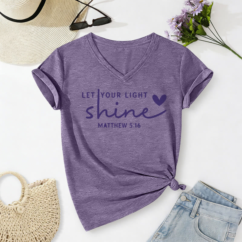 Christianartworkshop Let Your Light Shine Matthew 5:16 Heart Script Casual V-neck T-shirt - Purple - 2XL - image 18