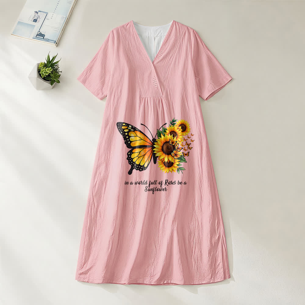 Christianartworkshop Butterfly & Sunflower Inspirational Quote V-Neck Short Sleeve Midi Dress - Pink - 4XL - image 8