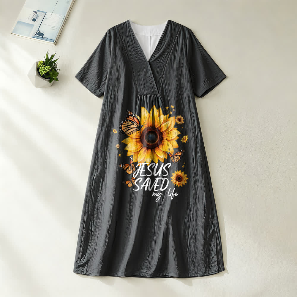 Christianartworkshop "Jesus Saved My Life" Sunflower & Butterfly V-Neck Short Sleeve Midi Dress - Black - 4XL - image 4