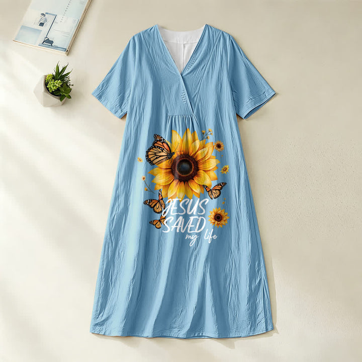 Christianartworkshop "Jesus Saved My Life" Sunflower & Butterfly V-Neck Short Sleeve Midi Dress - Blue - 4XL - image 6