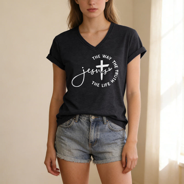 Christianartworkshop Jesus The Way The Truth The Life Circle Cross Casual V-neck T-shirt - image 7