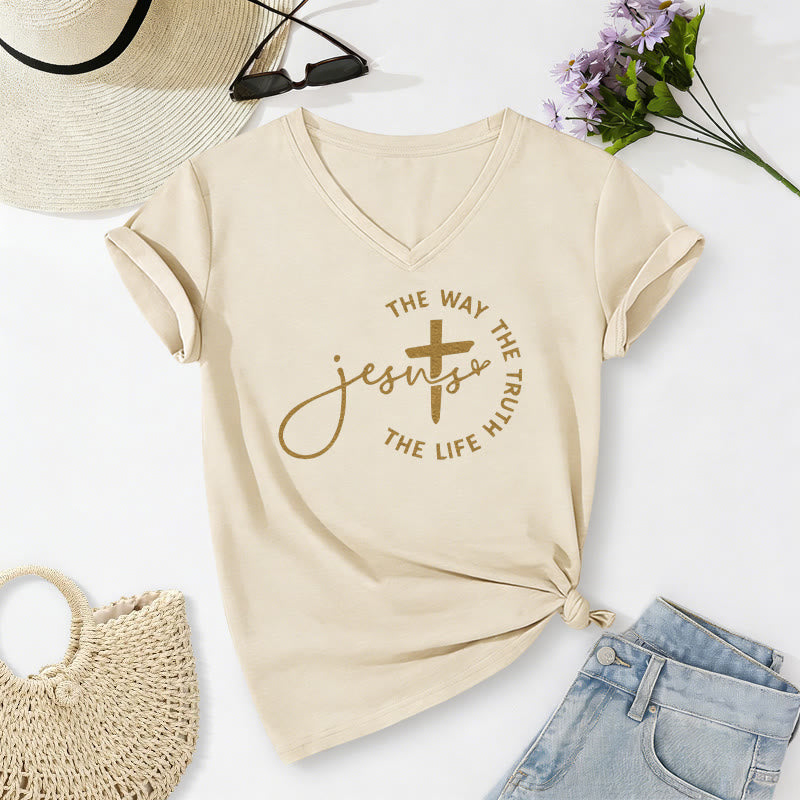 Christianartworkshop Jesus The Way The Truth The Life Circle Cross Casual V-neck T-shirt - Beige - 2XL - image 2