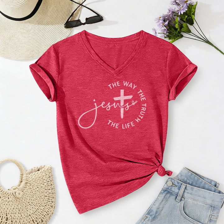 Christianartworkshop Jesus The Way The Truth The Life Circle Cross Casual V-neck T-shirt - Red - 2XL - image 22