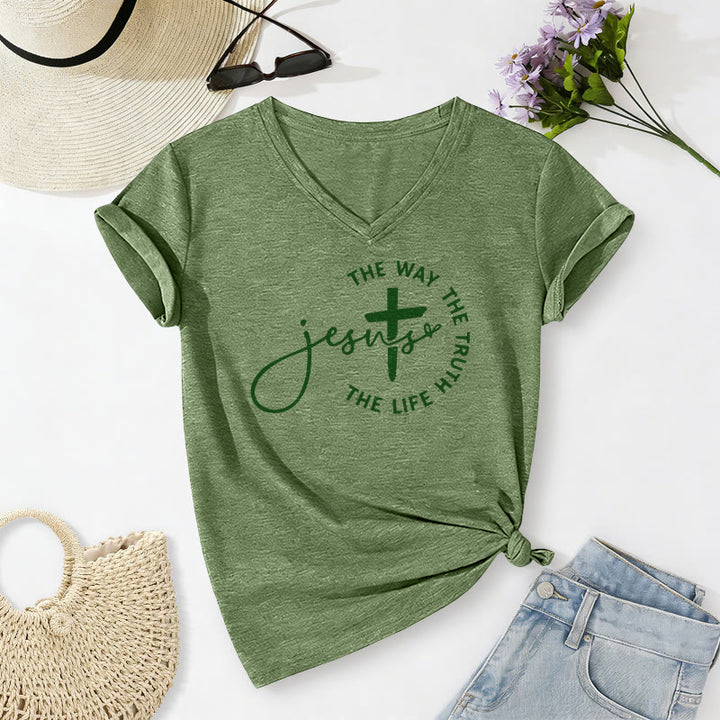 Christianartworkshop Jesus The Way The Truth The Life Circle Cross Casual V-neck T-shirt - Olive Green - 2XL - image 10