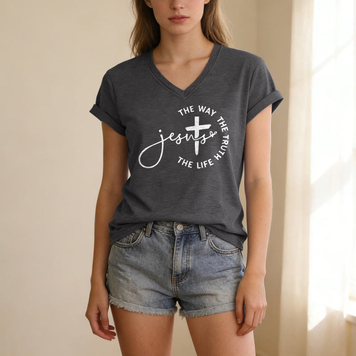 Christianartworkshop Jesus The Way The Truth The Life Circle Cross Casual V-neck T-shirt - image 1