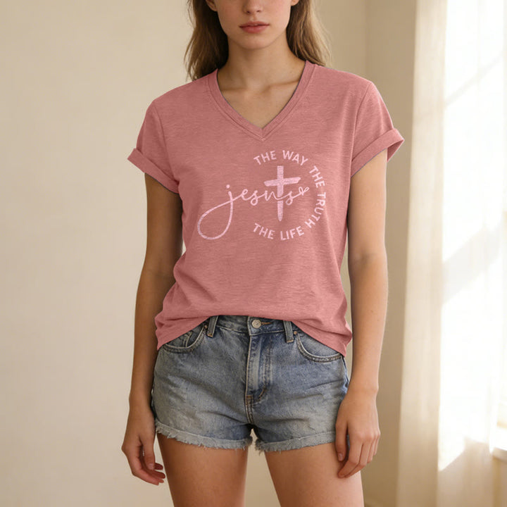 Christianartworkshop Jesus The Way The Truth The Life Circle Cross Casual V-neck T-shirt - image 5