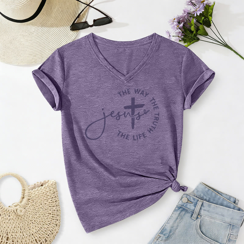 Christianartworkshop Jesus The Way The Truth The Life Circle Cross Casual V-neck T-shirt - Purple - 2XL - image 18