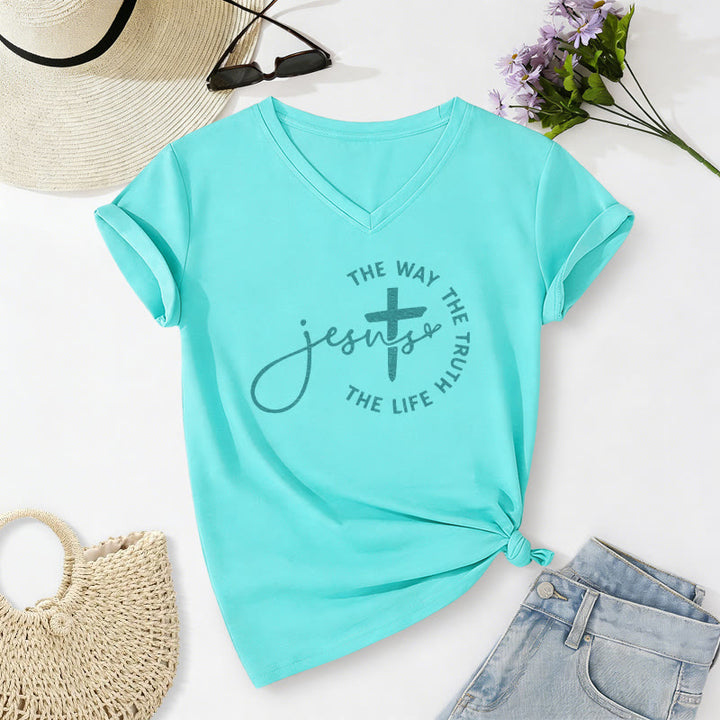 Christianartworkshop Jesus The Way The Truth The Life Circle Cross Casual V-neck T-shirt - Sky Blue - 2XL - image 14