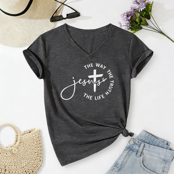 Christianartworkshop Jesus The Way The Truth The Life Circle Cross Casual V-neck T-shirt - Dark Grey - 2XL - image 0