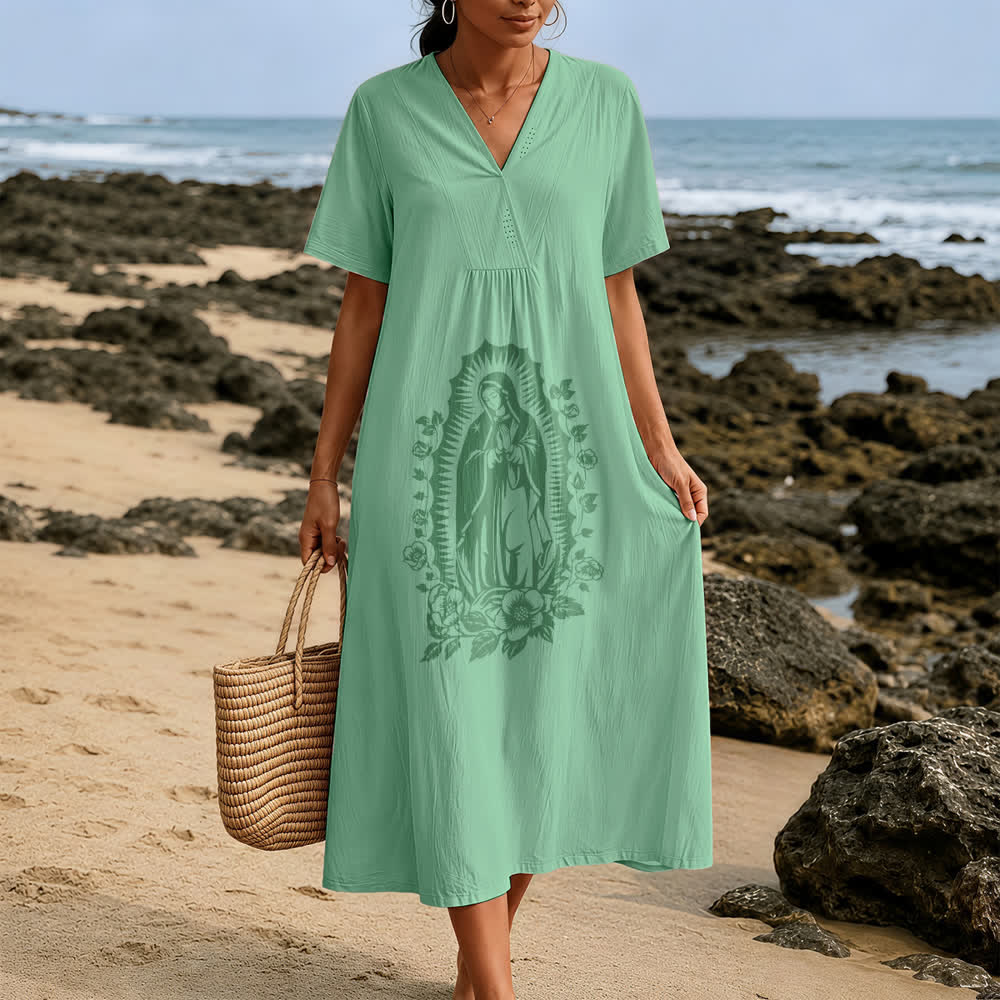 Christianartworkshop Our Lady of Guadalupe Silhouette V-Neck Short Sleeve Midi Dress - image 5