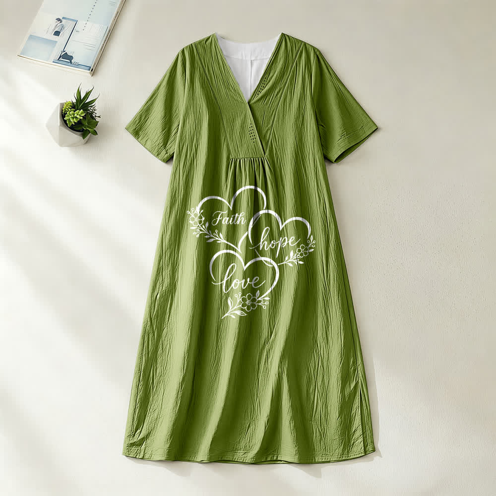 Christianartworkshop Floral Heart "Faith Hope Love" Print V-Neck Short Sleeve Midi Dress - Olive Green - 4XL - image 10