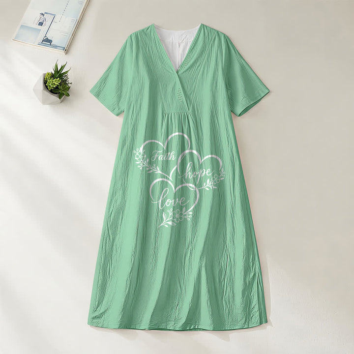 Christianartworkshop Floral Heart "Faith Hope Love" Print V-Neck Short Sleeve Midi Dress - Green - 4XL - image 0