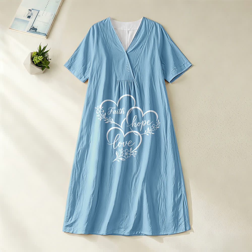 Christianartworkshop Floral Heart "Faith Hope Love" Print V-Neck Short Sleeve Midi Dress - Blue - 4XL - image 2