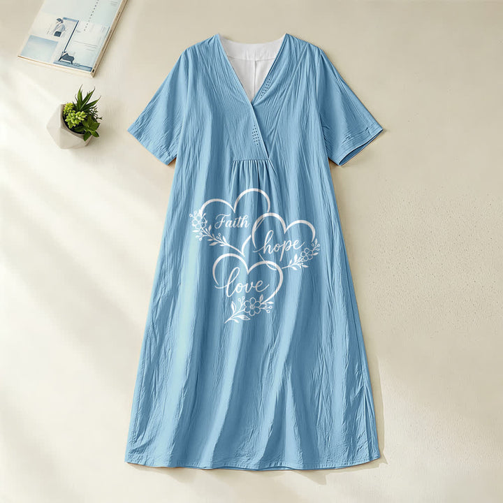 Christianartworkshop Floral Heart "Faith Hope Love" Print V-Neck Short Sleeve Midi Dress - Blue - 4XL - image 2