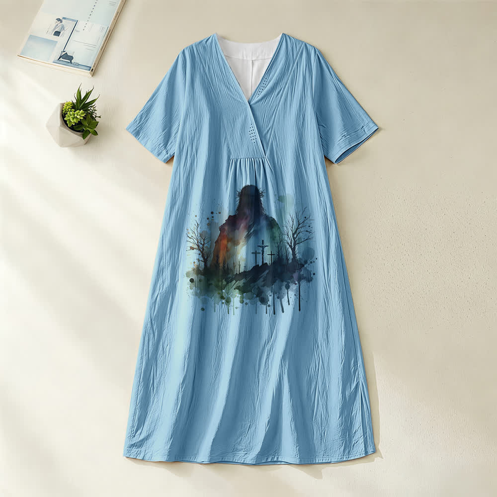 Christianartworkshop Religious Art Watercolor Jesus Silhouette V-Neck Short Sleeve Midi Dress - Blue - 4XL - image 0