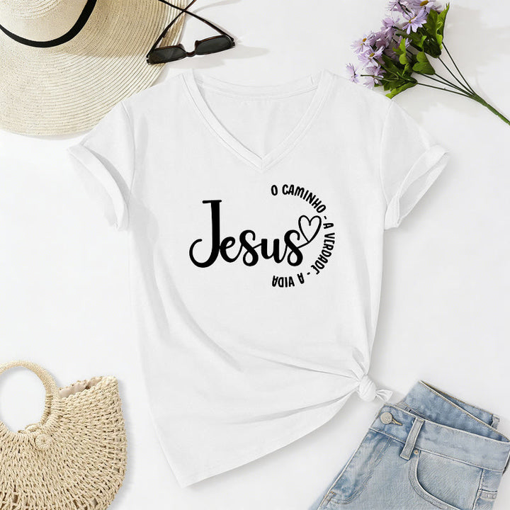 Christianartworkshop Jesus O Caminho A Verdade A Vida Heart Circle Casual V-neck T-shirt - White - 2XL - image 12