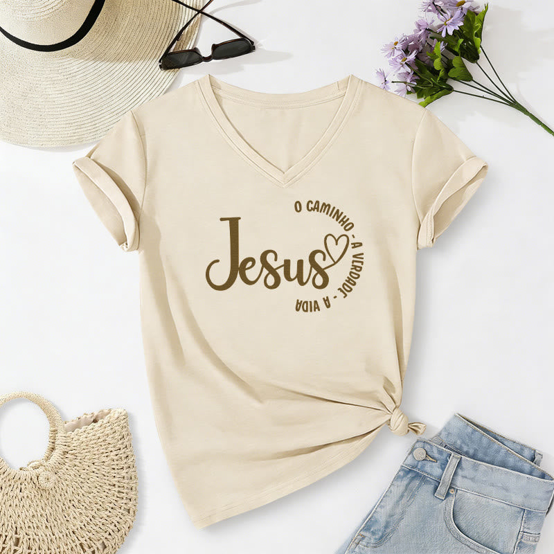Christianartworkshop Jesus O Caminho A Verdade A Vida Heart Circle Casual V-neck T-shirt - Beige - 2XL - image 2
