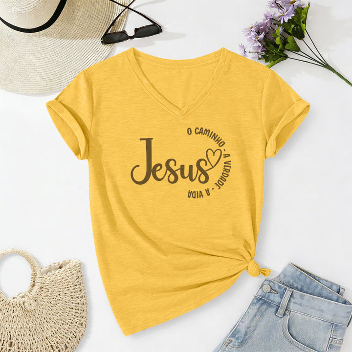 Christianartworkshop Jesus O Caminho A Verdade A Vida Heart Circle Casual V-neck T-shirt - Yellow - 2XL - image 8