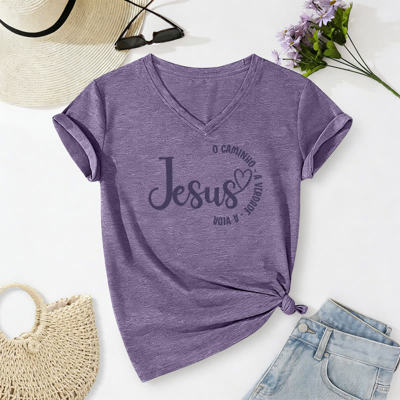 Christianartworkshop Jesus O Caminho A Verdade A Vida Heart Circle Casual V-neck T-shirt - Purple - 2XL - image 18