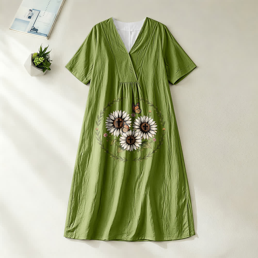 Christianartworkshop Devotional Sunflower Cross & Butterfly Wreath V-Neck Short Sleeve Midi Dress - Olive Green - 4XL - image 10