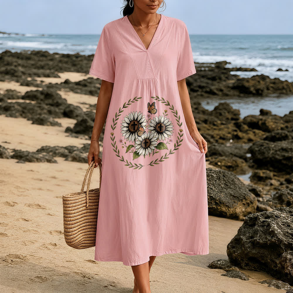 Christianartworkshop Devotional Sunflower Cross & Butterfly Wreath V-Neck Short Sleeve Midi Dress - image 9