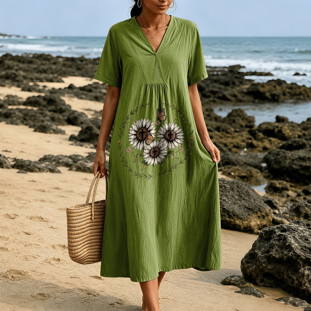 Christianartworkshop Devotional Sunflower Cross & Butterfly Wreath V-Neck Short Sleeve Midi Dress - image 11
