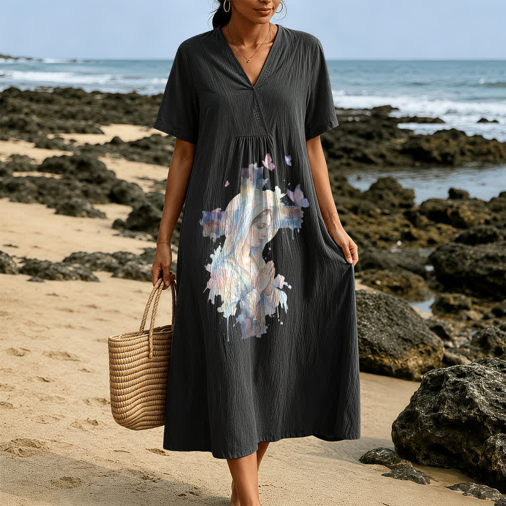 Christianartworkshop Watercolor Our Lady of Guadalupe & Butterflies V-Neck Short Sleeve Midi Dress - image 1