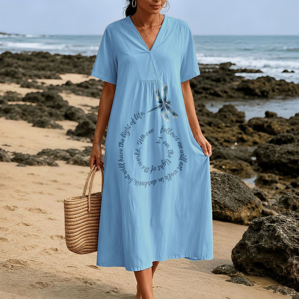 Christianartworkshop Relaxed Fit Dragonfly & Inspirational Verse V-Neck Short Sleeve Midi Dress - image 1