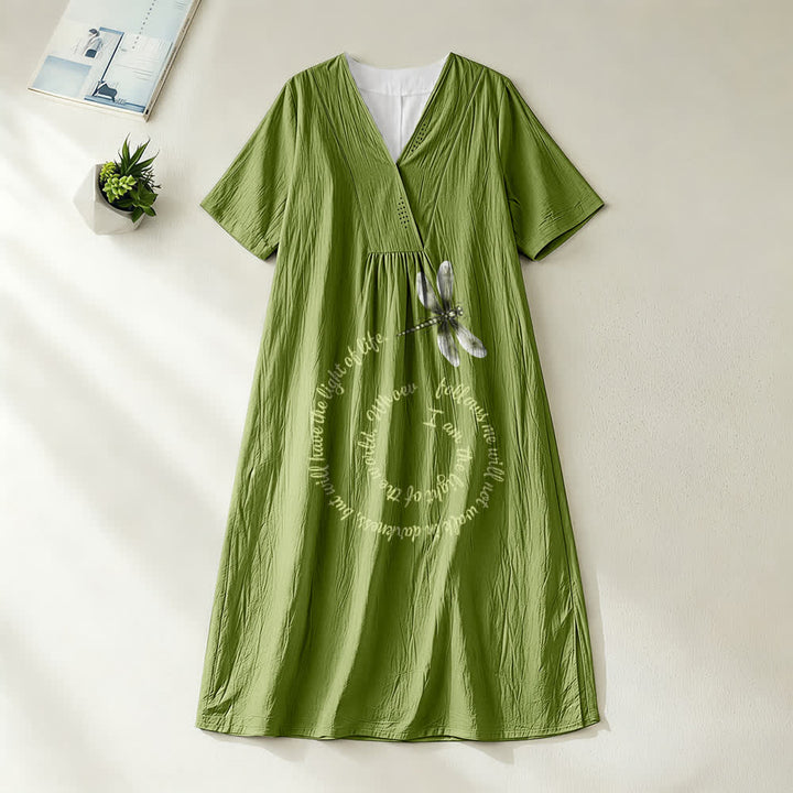 Christianartworkshop Relaxed Fit Dragonfly & Inspirational Verse V-Neck Short Sleeve Midi Dress - Olive Green - 4XL - image 10