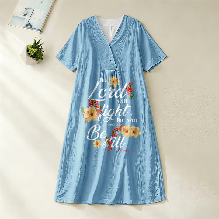 Christianartworkshop Hibiscus Floral Accent "The Lord Will Fight For You" V-Neck Short Sleeve Midi Dress - Blue - 4XL - image 2