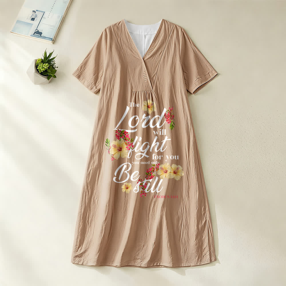 Christianartworkshop Hibiscus Floral Accent "The Lord Will Fight For You" V-Neck Short Sleeve Midi Dress - Khaki - 4XL - image 8