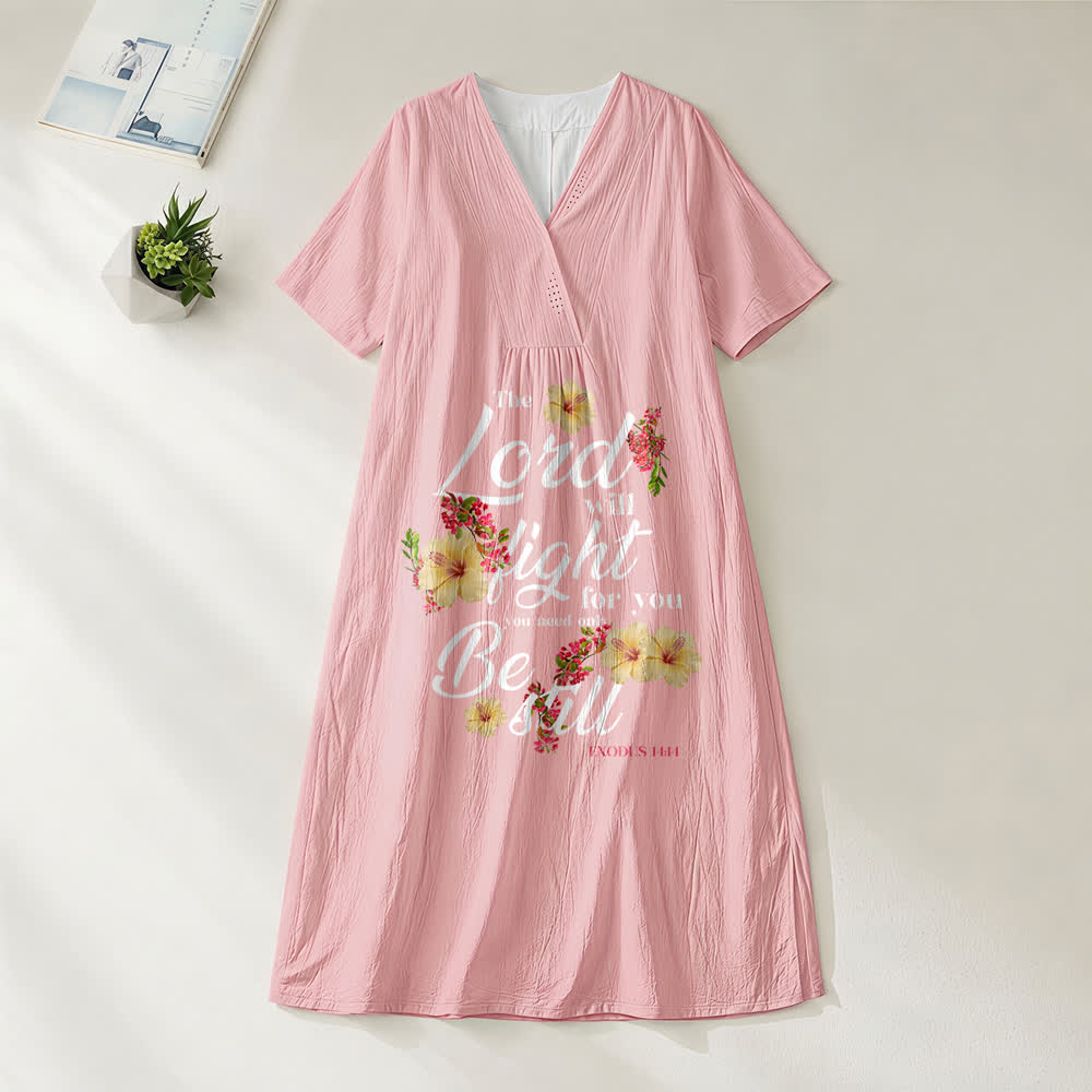 Christianartworkshop Hibiscus Floral Accent "The Lord Will Fight For You" V-Neck Short Sleeve Midi Dress - Pink - 4XL - image 0