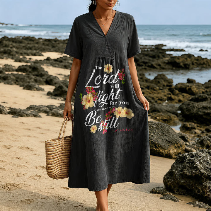 Christianartworkshop Hibiscus Floral Accent "The Lord Will Fight For You" V-Neck Short Sleeve Midi Dress - image 5