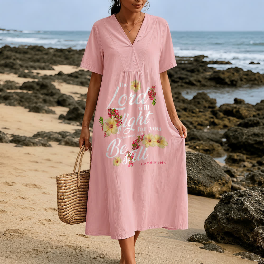 Christianartworkshop Hibiscus Floral Accent "The Lord Will Fight For You" V-Neck Short Sleeve Midi Dress - image 1