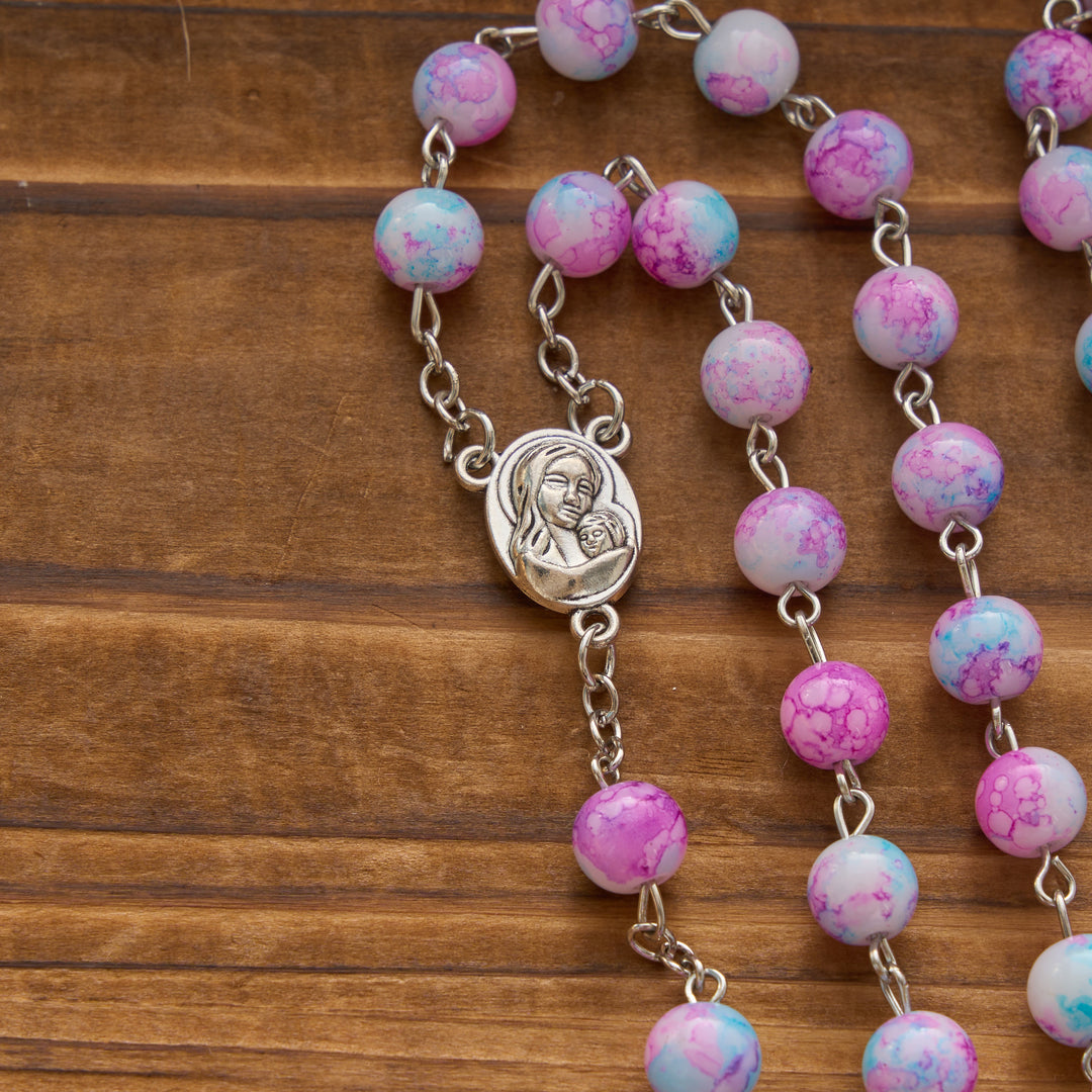 Christianartworkshop Marbled Pink & Blue Glass Bead Rosary with Madonna and Child Medal & Crucifix - image 6