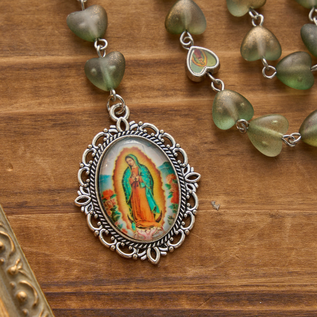 Christianartworkshop Gradient Frosted Heart Glass Bead Seven Sorrows Rosary with Our Lady Portrait Pendant - image 25