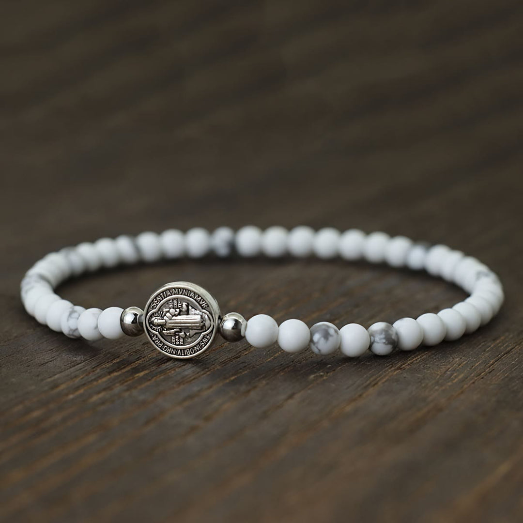 Christianartworkshop Stretch Natural Stone Bead Bracelet with Embossed St. Benedict Medal Spacers: A Symbol of Divine Protection - image 2