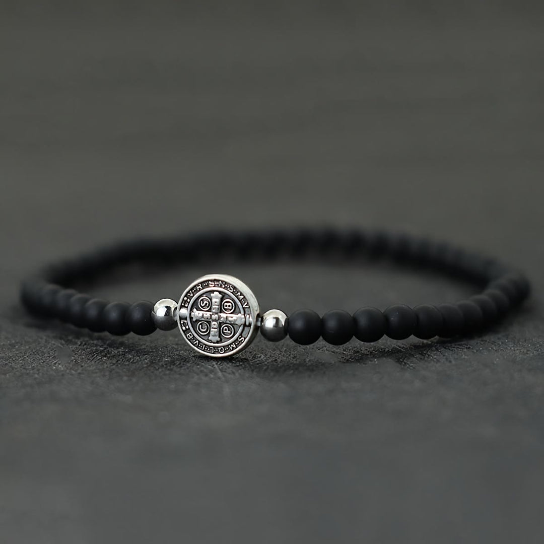 Christianartworkshop Stretch Natural Stone Bead Bracelet with Embossed St. Benedict Medal Spacers: A Symbol of Divine Protection - Matte Stone - image 3