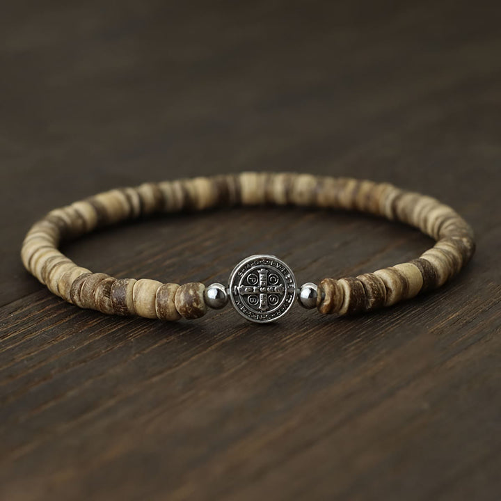 Christianartworkshop Stretch Natural Stone Bead Bracelet with Embossed St. Benedict Medal Spacers: A Symbol of Divine Protection - Wood - image 9