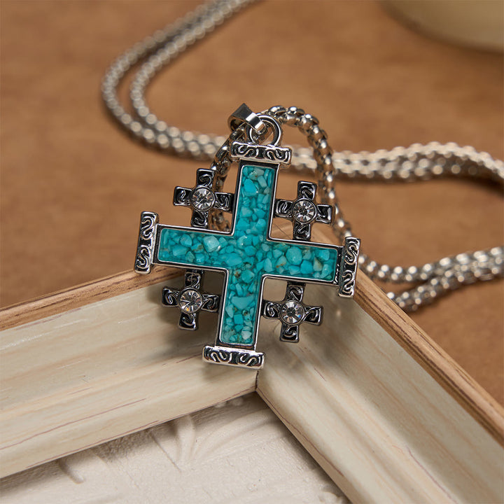 Christianartworkshop Crushed Turquoise Inlaid Jerusalem Cross Pendant Box Chain Necklace: A Symbol of Complete Faith - image 1