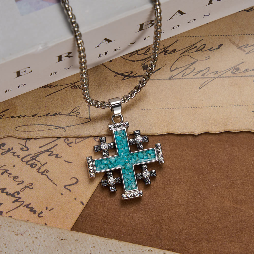 Christianartworkshop Crushed Turquoise Inlaid Jerusalem Cross Pendant Box Chain Necklace: A Symbol of Complete Faith - image 0