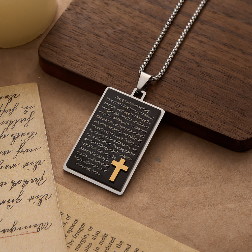 Christianartworkshop Two-Tone Rectangular Tag Serenity Prayer Engraved Necklace with Raised Gold Cross - Prayer Scripture - image 0