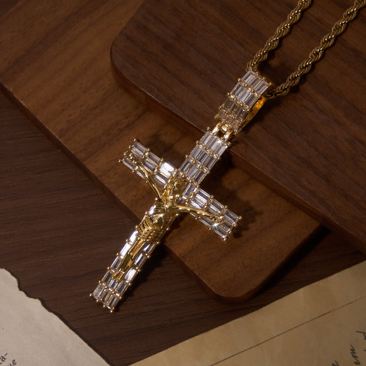 Christianartworkshop Baguette Zircon Fully Iced Crucifix Pendant Twisted Rope Chain Two-Tone Necklace - Golden - Large - image 0