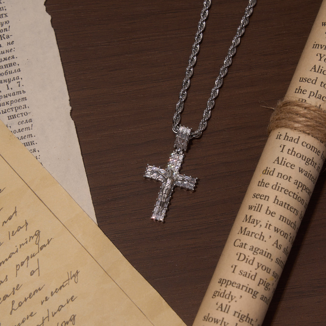 Christianartworkshop Baguette Zircon Fully Iced Crucifix Pendant Twisted Rope Chain Two-Tone Necklace - Silver - Small - image 9