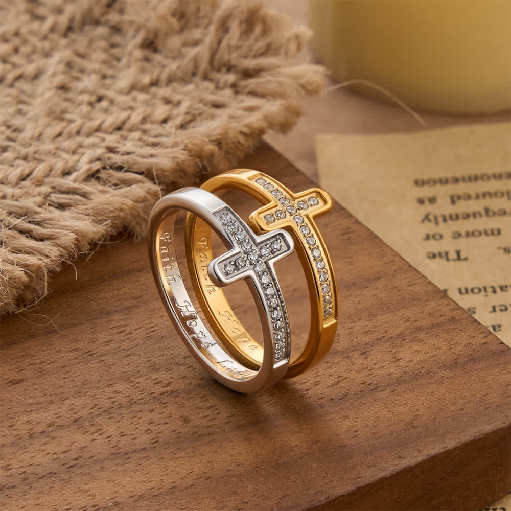 Christianartworkshop Faith Hope Love Engraved Cross Ring with Golden & Silver Two Colors - image 0