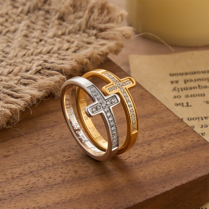 Christianartworkshop Faith Hope Love Engraved Cross Ring with Golden & Silver Two Colors - image 0