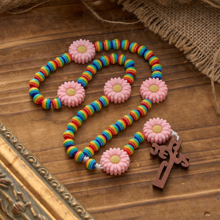 Christianartworkshop Rainbow Candy Stripe Bead Kid's Rosary with Pink Daisy Nodes & Jesus Cross - Jesus Cross - image 0