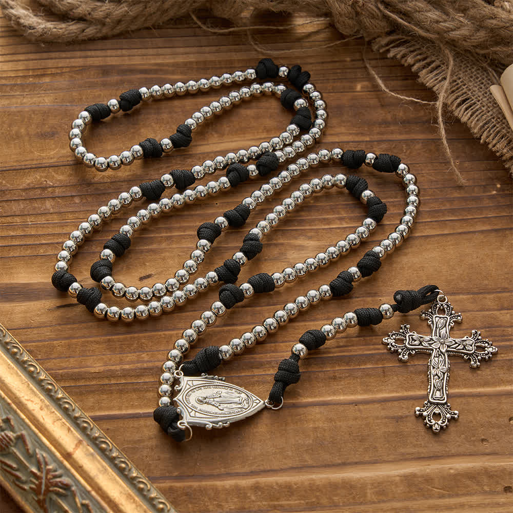 Christianartworkshop Rugged Silver-Toned Paracord 15-Decade Rosary: Carry Our Lady's Grace Wherever You Go - 15 Decade - Silver - image 1
